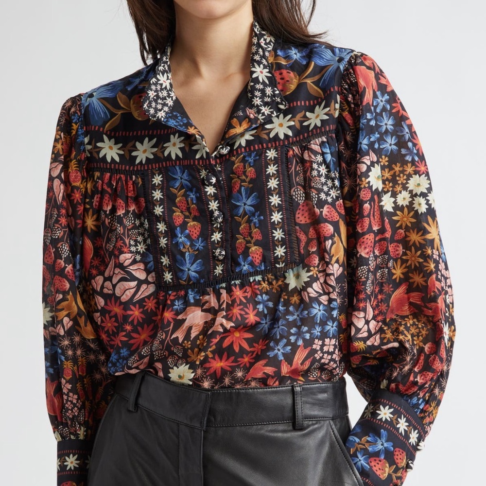Farm Rio Juju's Garden Button-Up Top Capri Floral Black Blouse Size XS Boho